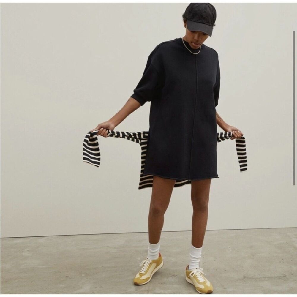 Everlane The Track Dress Organic Cotton Sweater Black Exposed Raw Hem Size XS